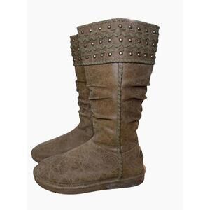 ****Bearpaw Silverthrone Mid Calf Boots Womens Sz 7 Brown Fleece Suede Studded